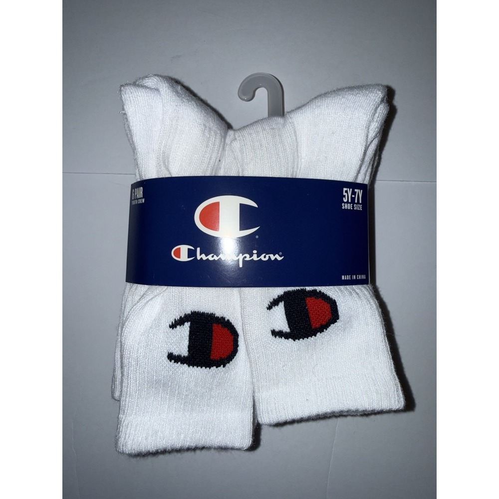 Champion Kids Crew Socks 6 Pair 5Y-7Y White Logo Youth Sports School Foot NWT